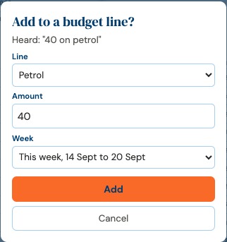The confirmation sheet, showing the line, the amount and the week, with Add and Cancel