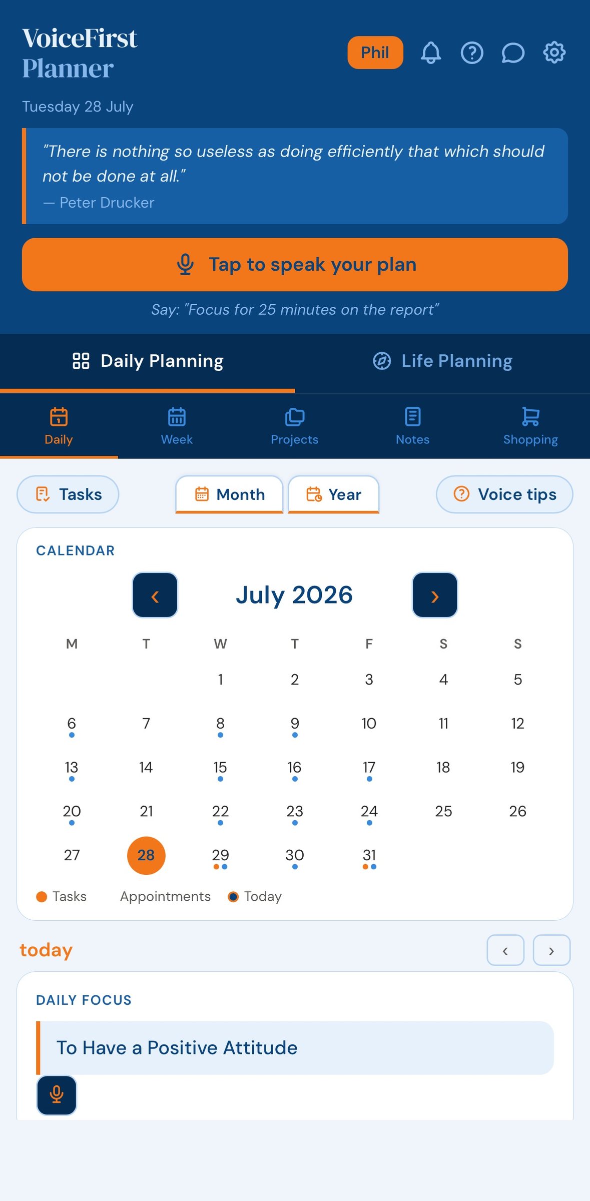 The daily page on a phone, tabs at the foot of the screen