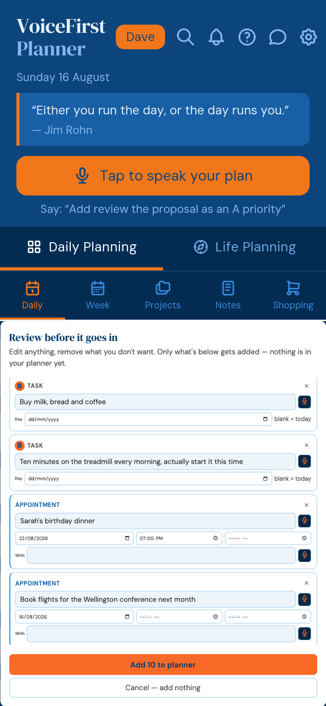 The AI brain-dump review screen: two banded tasks and two appointments with dates and times, waiting for approval before anything is added