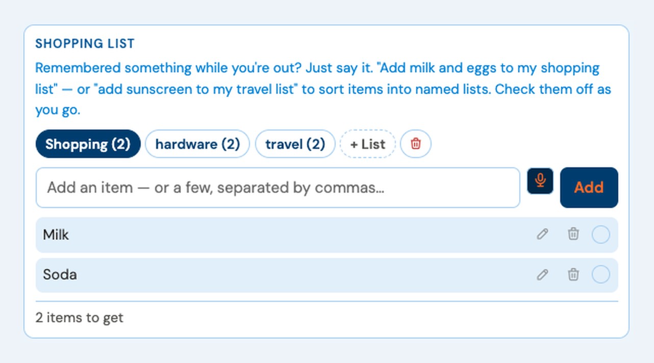 The Shopping list selected, showing milk and soda